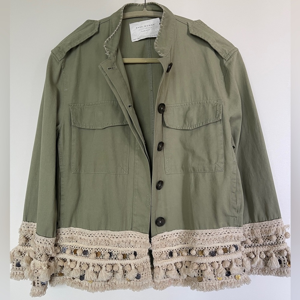 Zara Green Utility Jacket with Cream Tassel Trim
